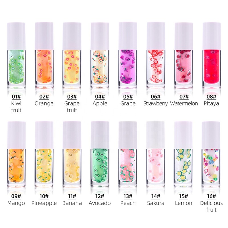 Custom Large Brush Head Fruit Transparent Lip Gloss Moisturizing Gold Leaf Lip Glaze 16 Colors Lip Oil