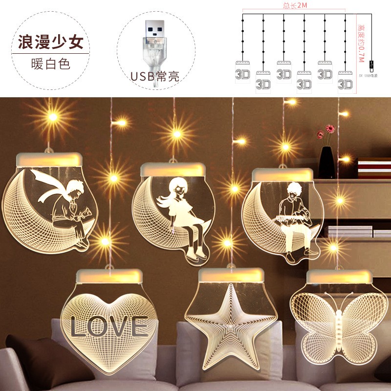 Valentine Day Led Romantic Home Wall Decor USB 3D Acrylic Window Decoration Curtain String Light Party Holiday Gift Light