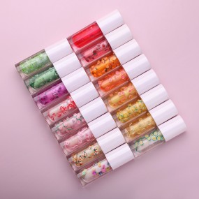 Custom Large Brush Head Fruit Transparent Lip Gloss Moisturizing Gold Leaf Lip Glaze 16 Colors Lip Oil