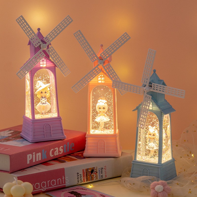 LED Luminous Snow Crystal Lamp Windmill Music Box Creative Party Decor Bedroom Crystal Lamp Windmill Home Table Ornaments