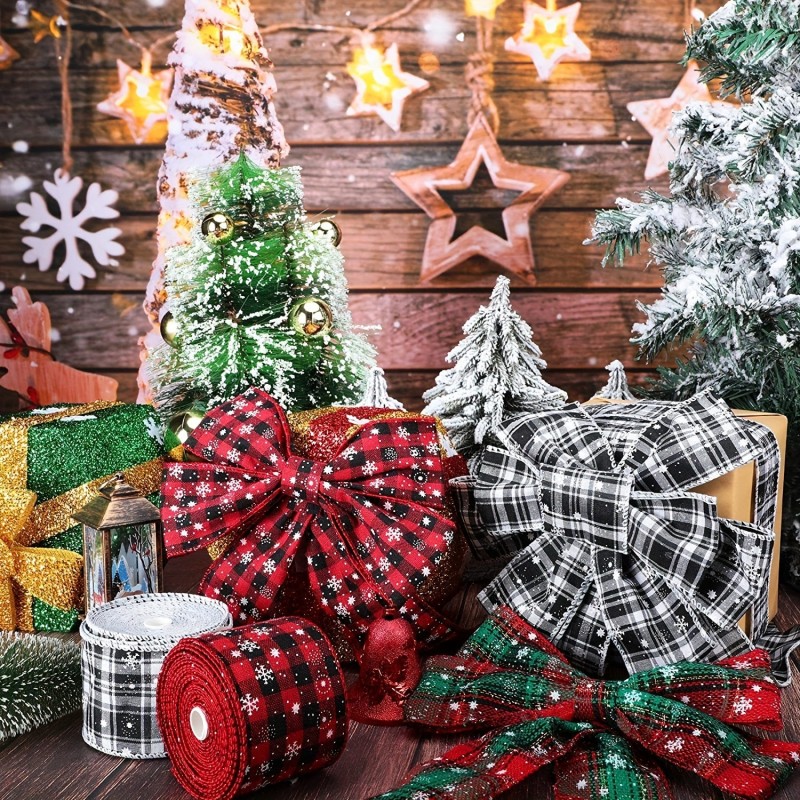 Festive Cotton Linen Blend Ribbon Classic Christmas Plaid Design Handmade Packaging Bows Seasonal Decoration Supplies