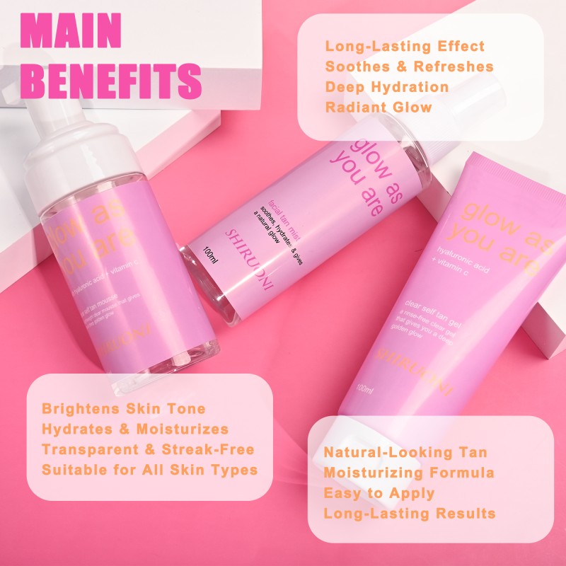 Wholesale Private Label Tan Gel Spray Mousse Long-Lasting Radiant Glow Hyaluronic Acid Vitamin C Tanning Kit