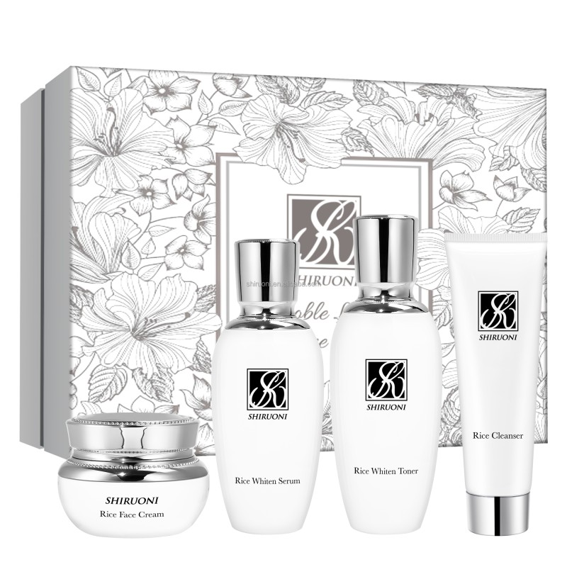 Private Label Korean Daily Brightening Rice Skin Care Set Face Toner Serum Nourishing Facial Moisturizer Cream Kit