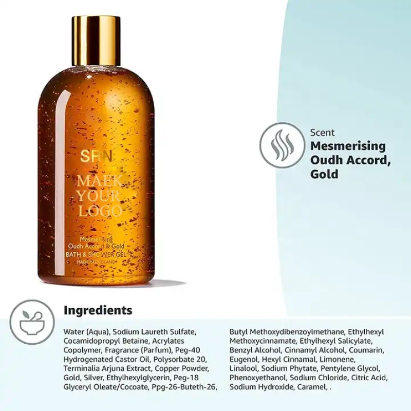 OEM Spa Hotel Strong Fragrance Anti Aging Whitening Exfoliating Koji Acid Luxury 24K Gold Body Shower Wash Gel