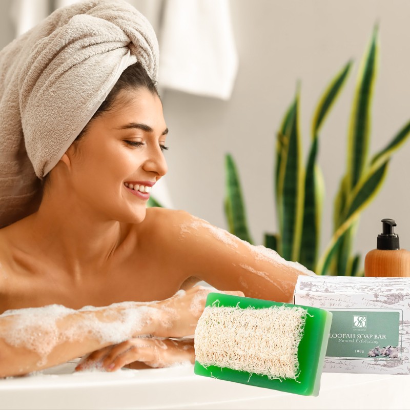 OEM Natural Vegan Loofah Soap Bar Olive Oil Coconut Oil Nourishes Antioxidant Gently Exfoliates Skin Care Loofah Bar Soap