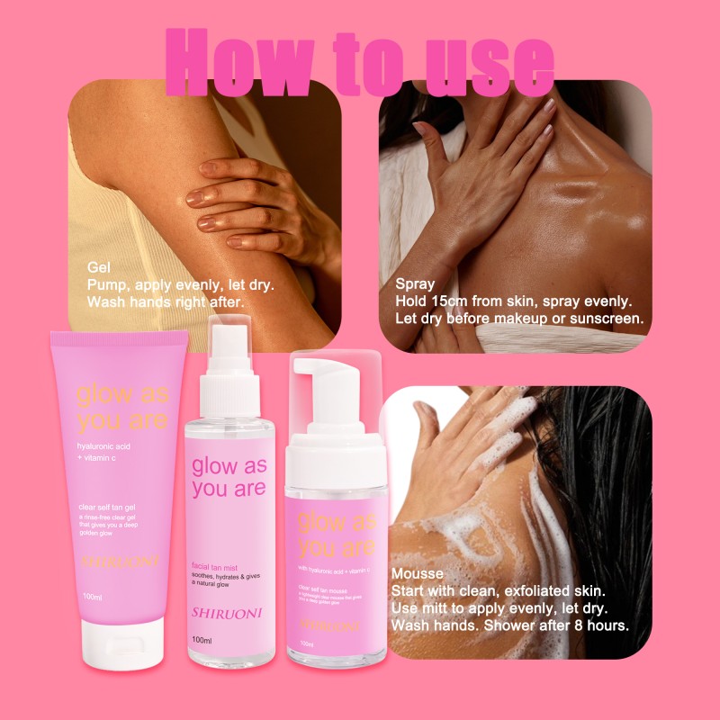 Wholesale Private Label Tan Gel Spray Mousse Long-Lasting Radiant Glow Hyaluronic Acid Vitamin C Tanning Kit
