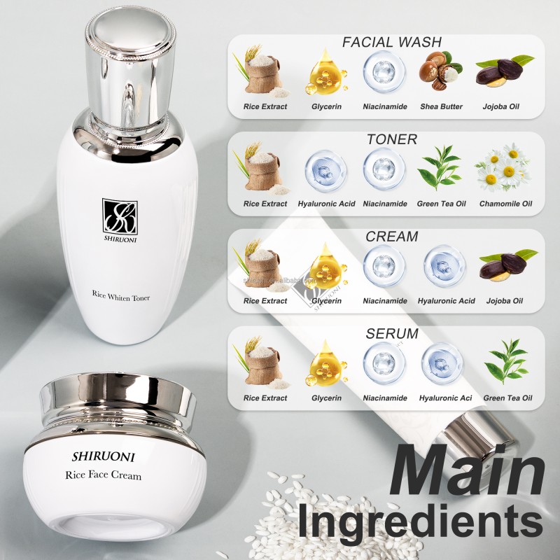 Private Label Korean Daily Brightening Rice Skin Care Set Face Toner Serum Nourishing Facial Moisturizer Cream Kit