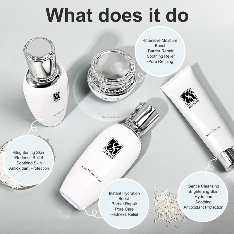Private Label Korean Daily Brightening Rice Skin Care Set Face Toner Serum Nourishing Facial Moisturizer Cream Kit