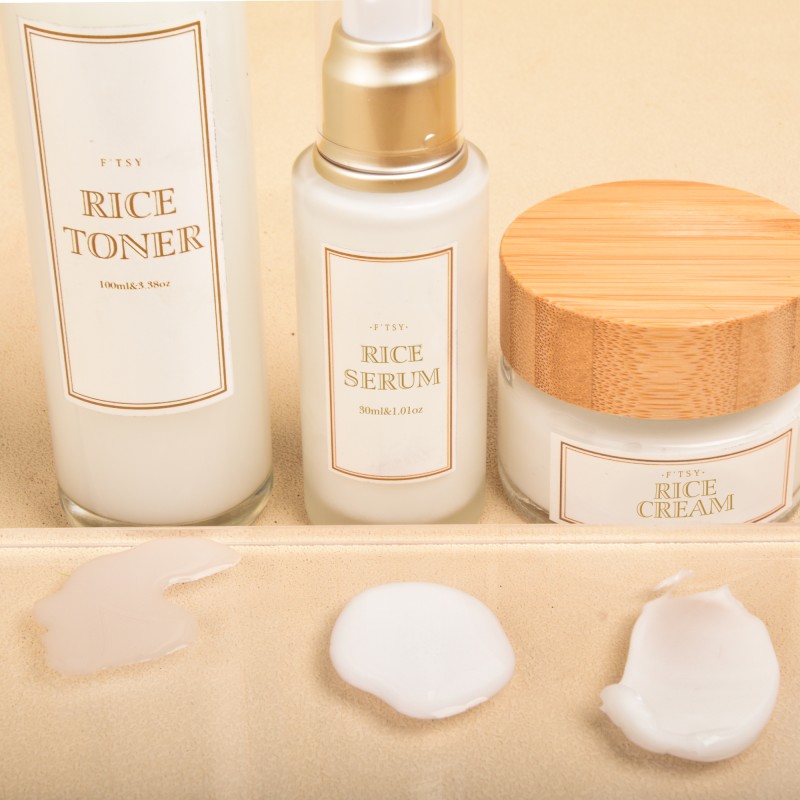 Korea Natural Rice Skin Care Set Organic Toner Anti Aging Whitening Cream Hydrating Serum Rice Essence Face Care Set OEM