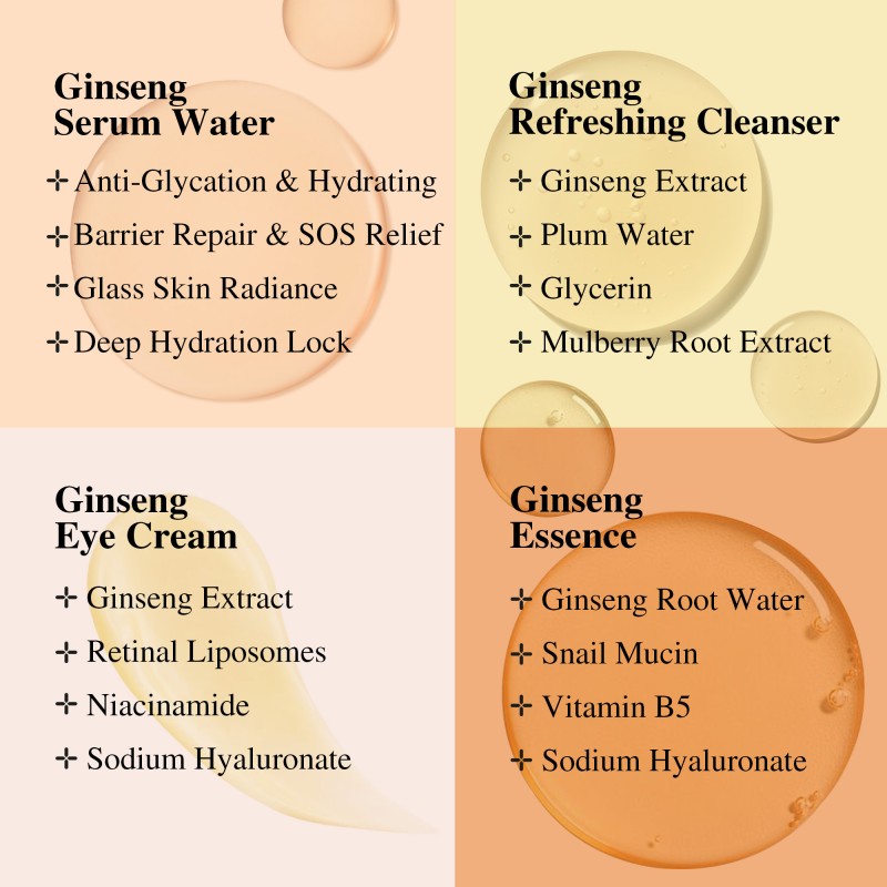 Custom Ginseng Whitening Cream Serum for Face Anti Wrinkles Ginseng Cleanser Brightening Skin Care Set