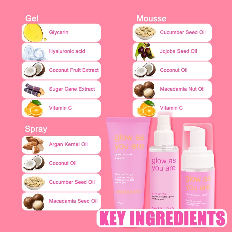 Wholesale Private Label Tan Gel Spray Mousse Long-Lasting Radiant Glow Hyaluronic Acid Vitamin C Tanning Kit
