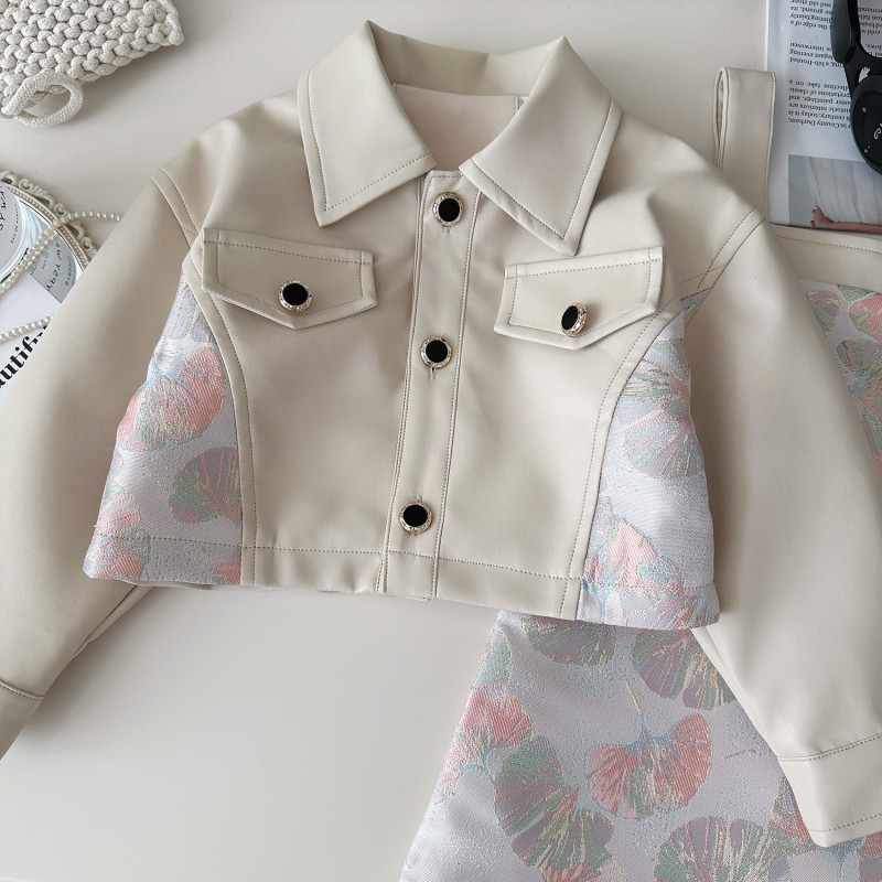 Girls Autumn Set Factory - Korean PU Jacket Strap Skirt