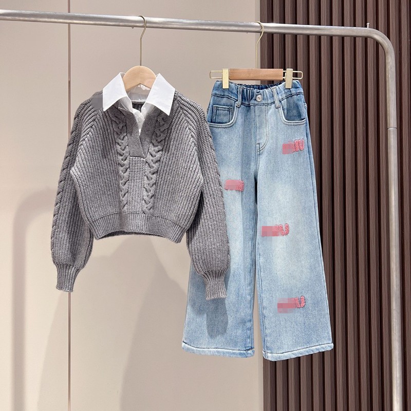 Girls Knitted Set Factory - Embroidered Jeans Loose Sweater