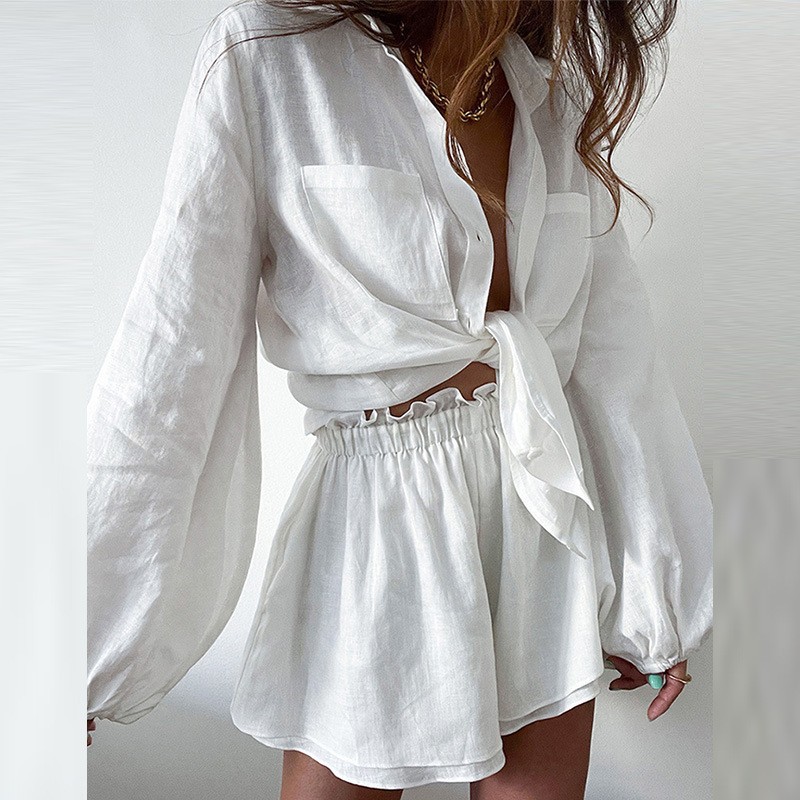 Women Blouse Set Factory - Ruffle Oversized Shirt Shorts