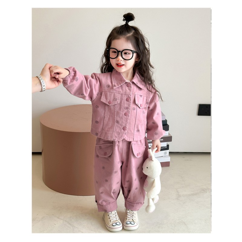 Girls Clothing Set Factory - Flower Print Loose Jacket Pants