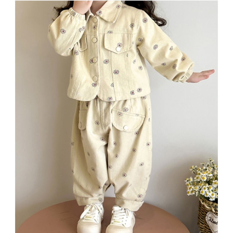 Girls Clothing Set Factory - Flower Print Loose Jacket Pants