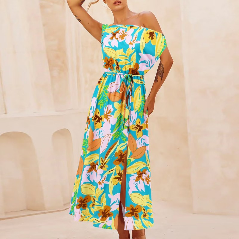 Women Dress Factory - Print Waist Cinched Slit