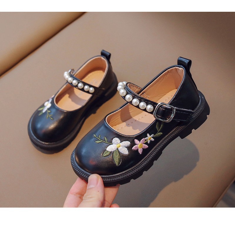 Girls Loafers Factory - Flowers Embroidery Beige Party