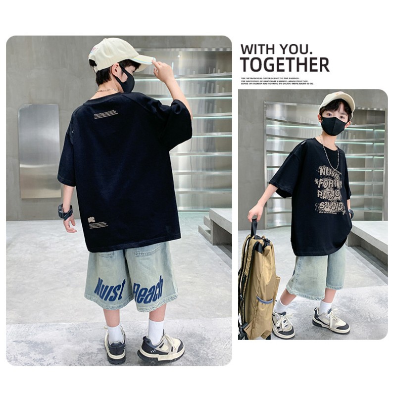 Boys Hip Hop Set Factory - 2 Piece T-shirt Denim Shorts