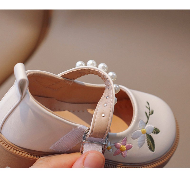 Girls Loafers Factory - Flowers Embroidery Beige Party