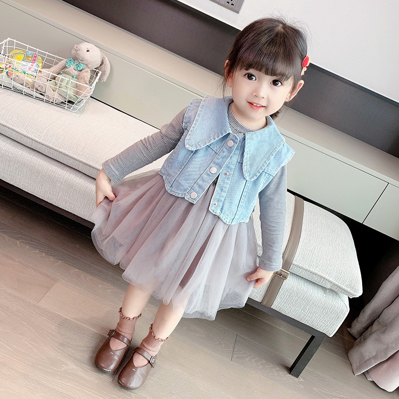 Toddler Girls Set Supplier - Denim Vest Lace Dress