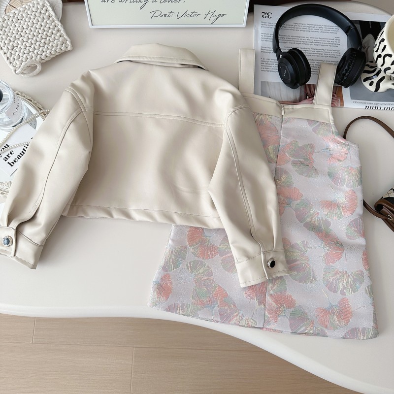 Girls Autumn Set Factory - Korean PU Jacket Strap Skirt