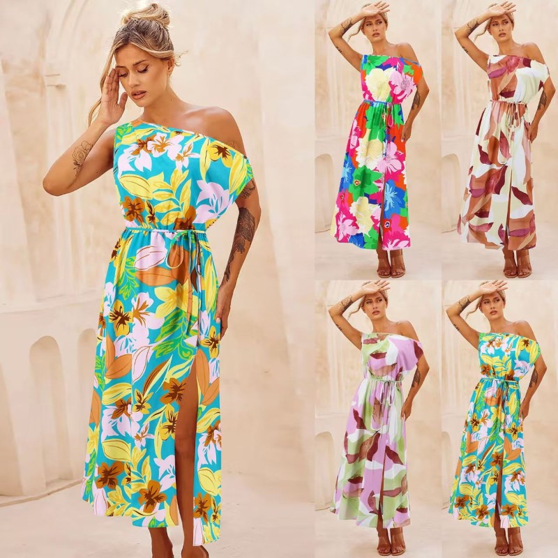 Women Dress Factory - Print Waist Cinched Slit