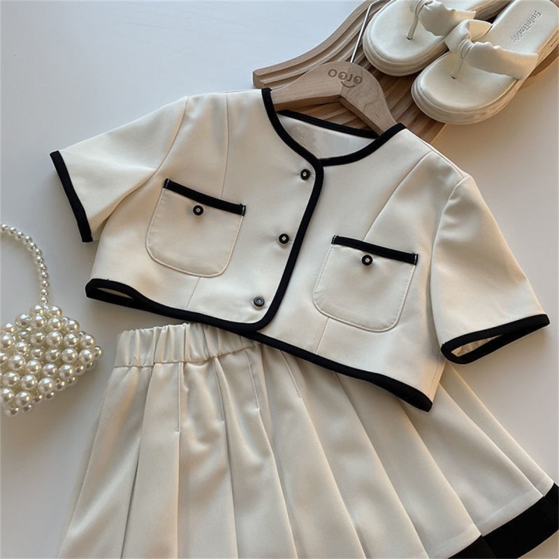 Girls Coat Set Supplier - Short Sleeve Pleated Skirt