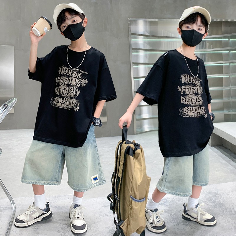 Boys Hip Hop Set Factory - 2 Piece T-shirt Denim Shorts