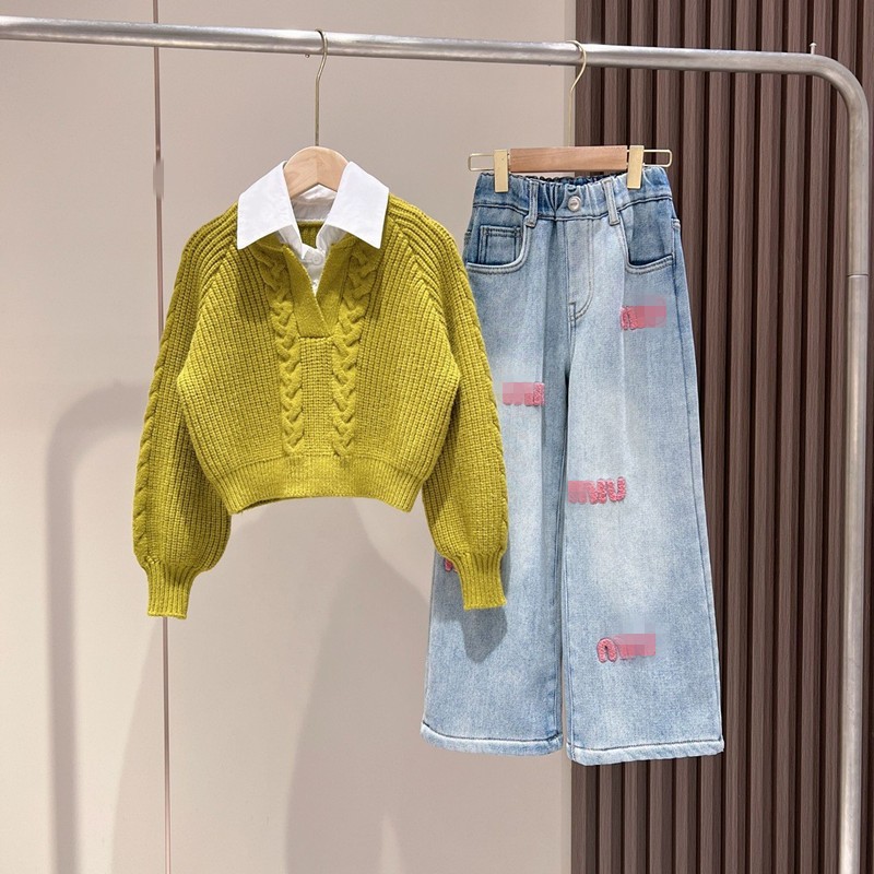 Girls Knitted Set Factory - Embroidered Jeans Loose Sweater
