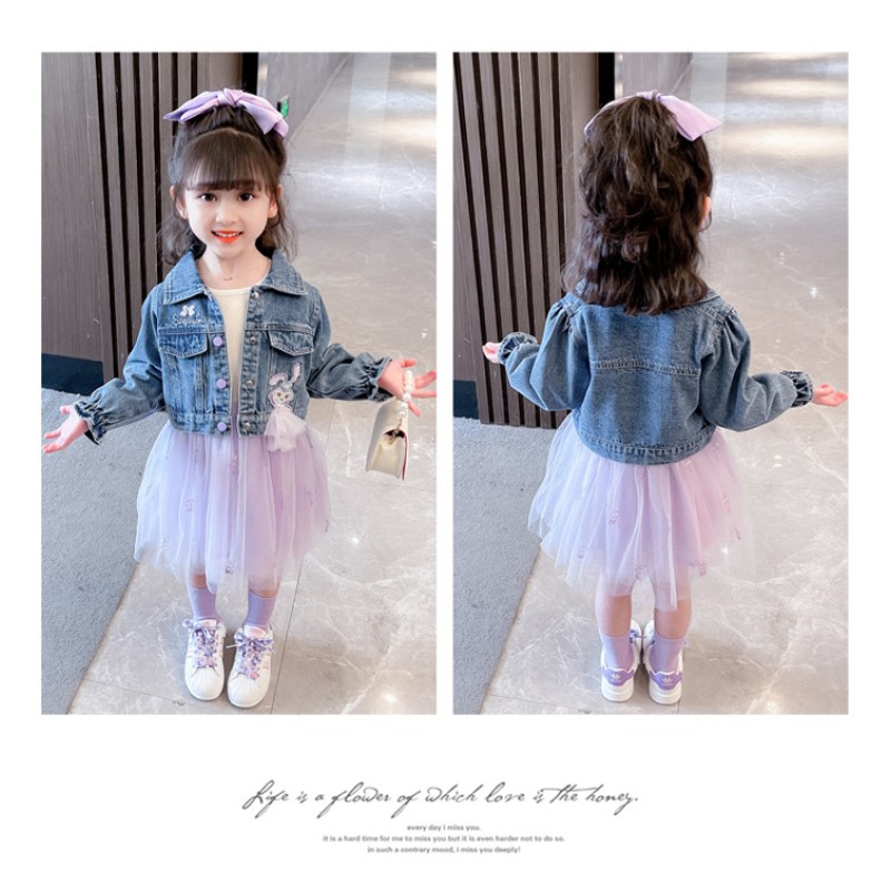 Girls Spring Set Factory - Denim Jacket Lace Dress Suit