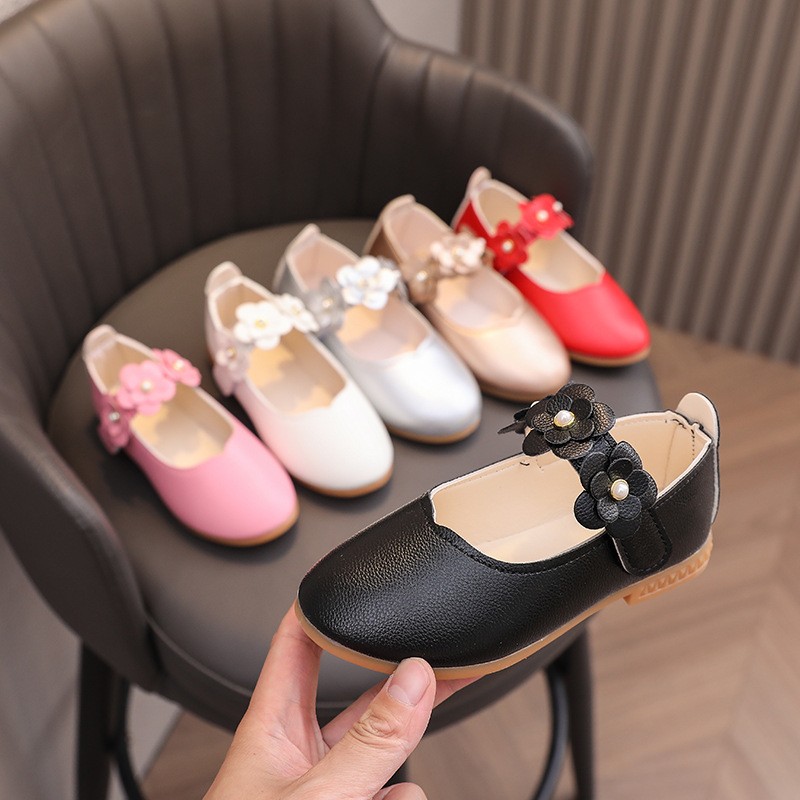 Girls School Shoes Factory - Black PU Leather Low Flat