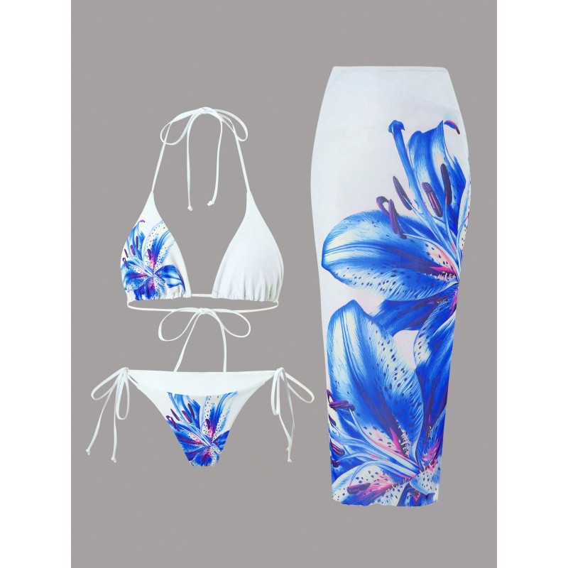 Women Bikini Set Supplier - 3 Piece Tie Up Printed