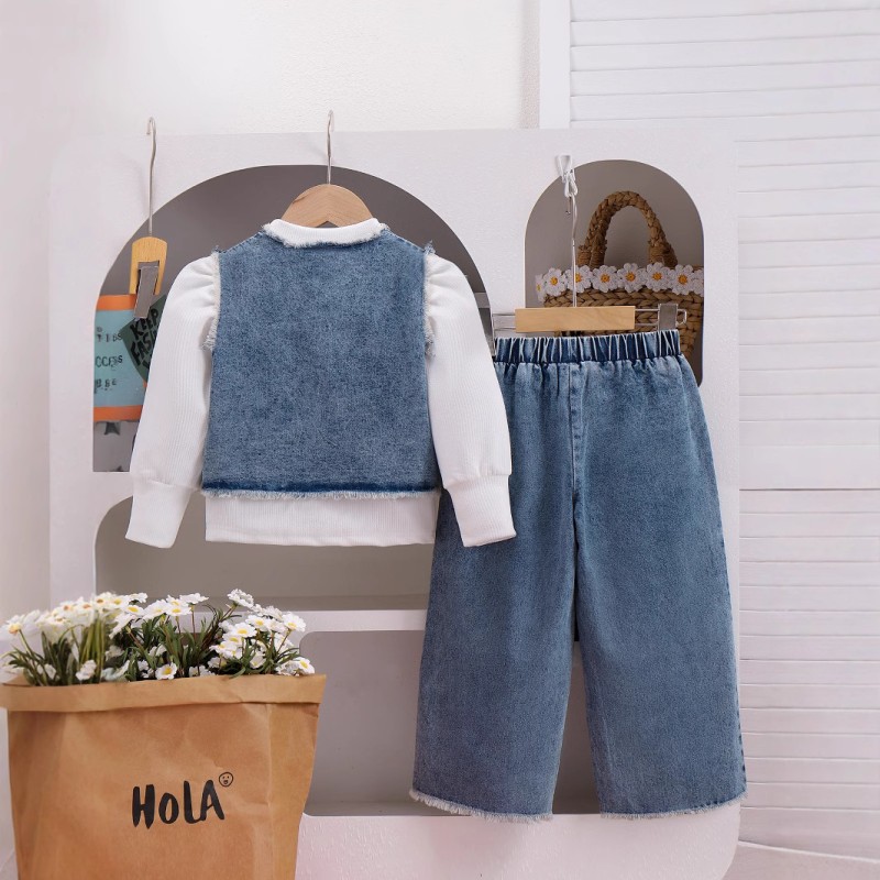Girls Clothing Set Factory - Bubble Sleeve Denim Vest