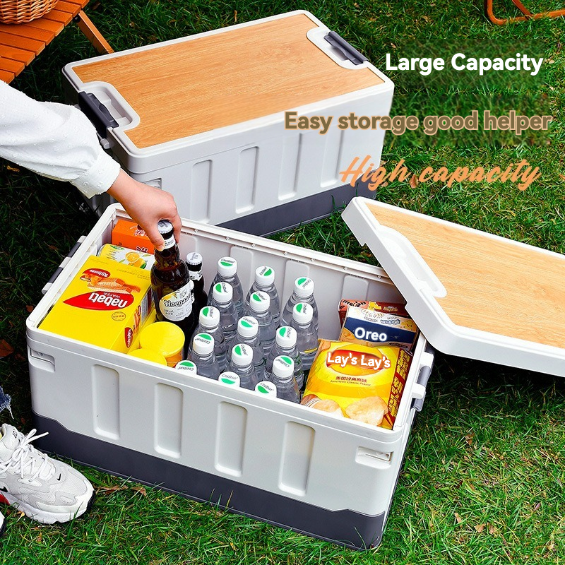 Camping Storage Box Manufacturer - 60L Plastic Folding Carry Bin with Wood Lids