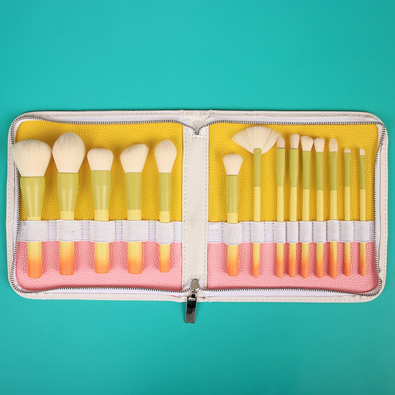 Makeup Brush Set Manufacturer - OEM 14pcs Yellow Beauty Set Wooden Handle