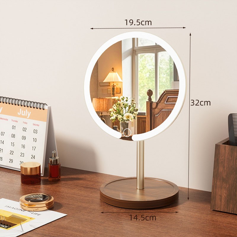 Makeup Mirror Manufacturer - Alloy Rod with Light Desktop Wooden Base Rotating
