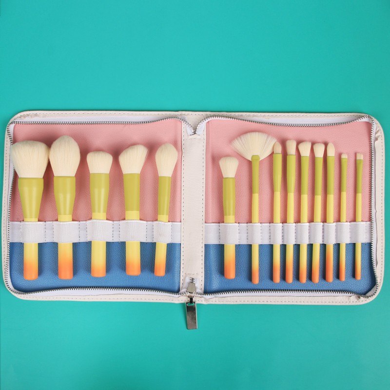 Makeup Brush Set Manufacturer - OEM 14pcs Yellow Beauty Set Wooden Handle