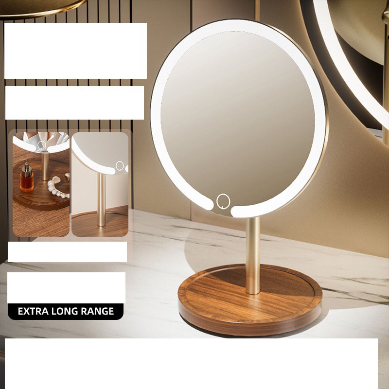 Makeup Mirror Manufacturer - Alloy Rod with Light Desktop Wooden Base Rotating