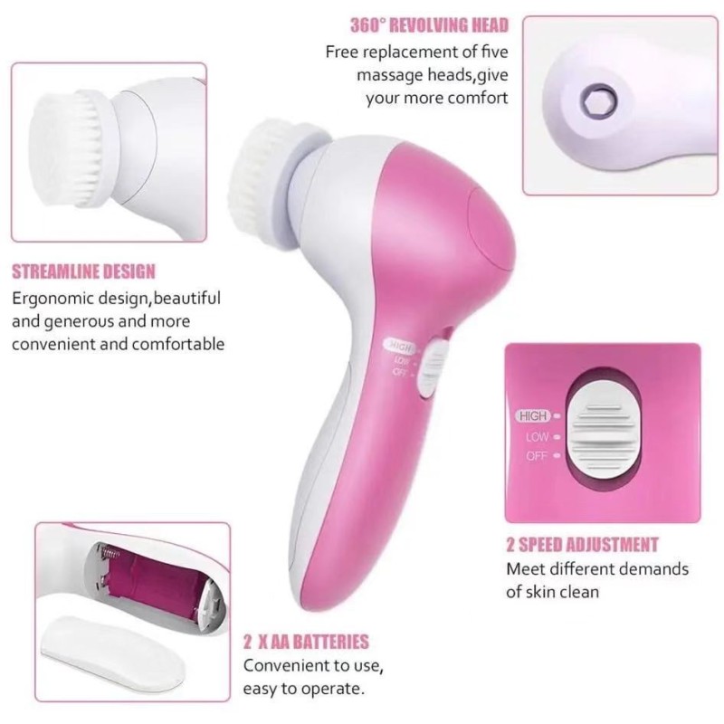 Face Brush Supplier - 5-in-1 Multi-functional Waterproof Rotary Cleaning Massage