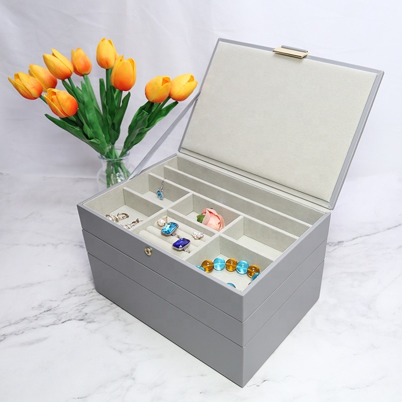 Jewelry Storage Box Manufacturer - Custom Luxury 3-Tier Gray PU