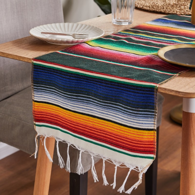 Mexican Table Runner Manufacturer - Rainbow Woven Fringe Tablecloth