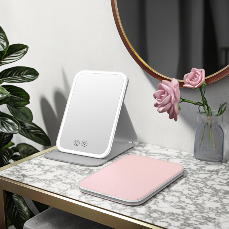 LED Desktop Mirror Supplier - Portable Folding LED Lighted 3 Colors USB Rechargeable
