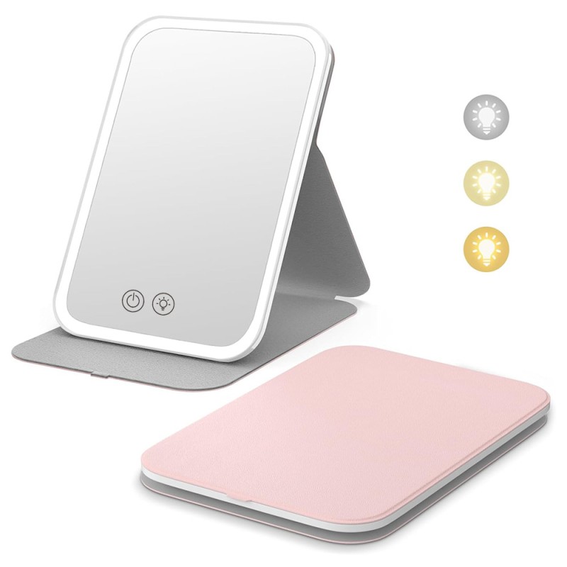 LED Desktop Mirror Supplier - Portable Folding LED Lighted 3 Colors USB Rechargeable