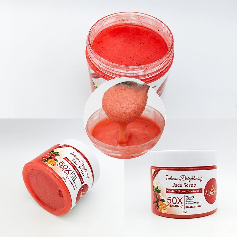 Private Label Body Bath Products Organic Vitamin C Skin Whitening Exfoliating Tomato Scrub Arbutin Dark Spot Removal Scrub