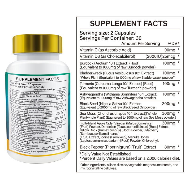 Private Label Available Organic Ron & 92 Minerals Supports Thyroid Health Immunity & Detox Vegan1000mg Sea Moss Capsules