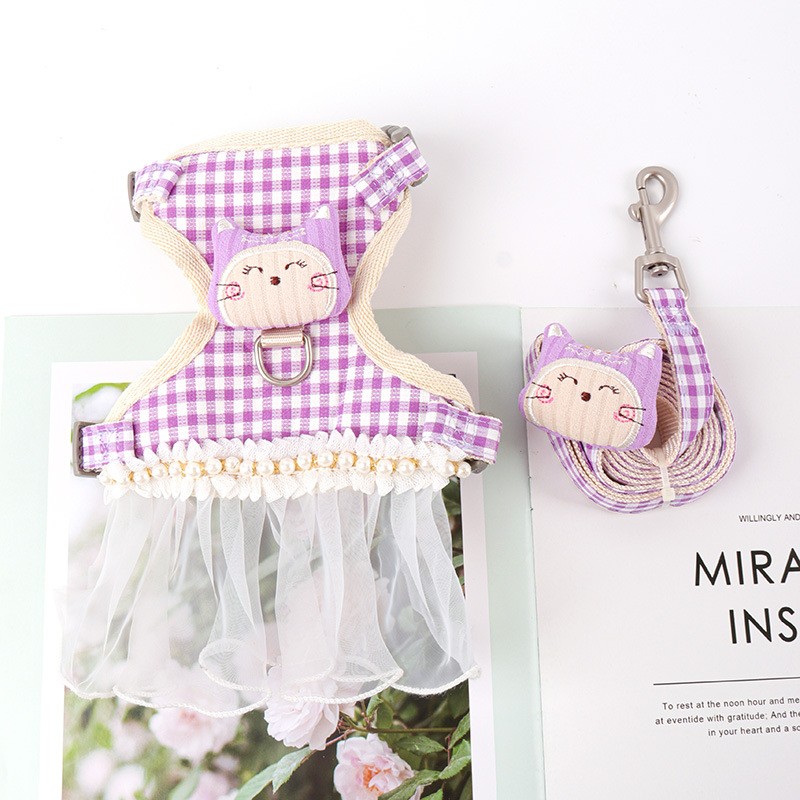 Wholesale Cute Pet Leash with Chest and Back Straps Elegant and Fashionable Pet Dress for Cats and Dogs Lace and Bow Pet Leash
