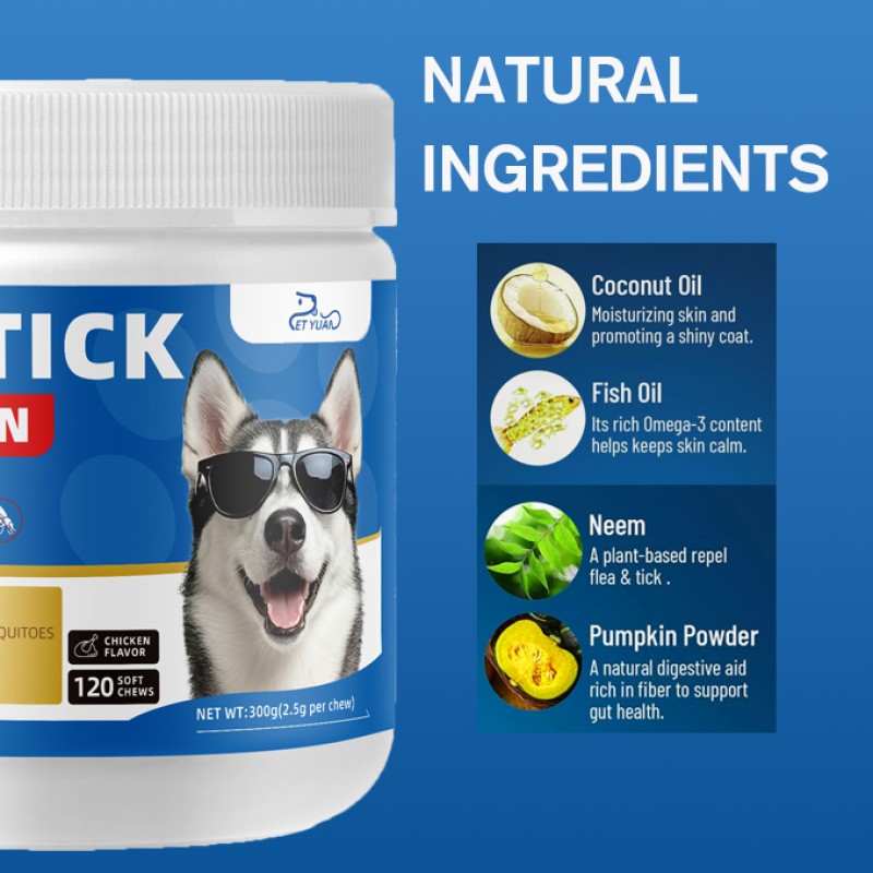 Wholesale Natural Ingredient Pet Flea & Tick Chews Bacon Flavor for Good Palatability Long Term protection for Pet Skin & Health
