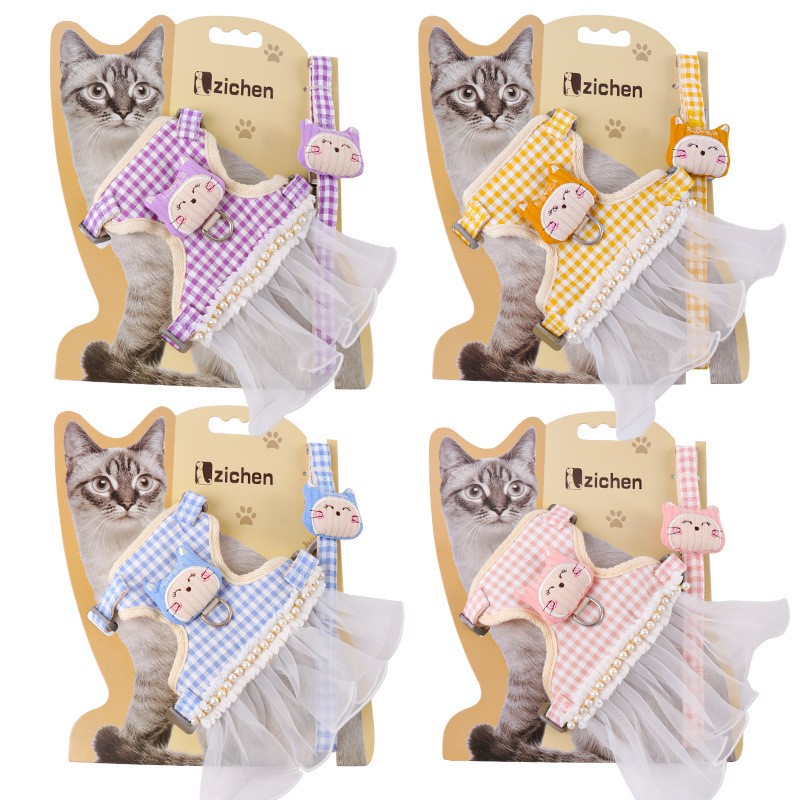 Wholesale Cute Pet Leash with Chest and Back Straps Elegant and Fashionable Pet Dress for Cats and Dogs Lace and Bow Pet Leash