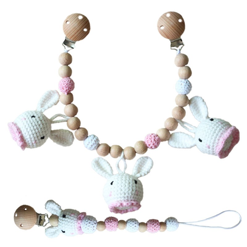 Baby Pacifier Clip Manufacturer - Crochet Bunny Wooden Rattle Set